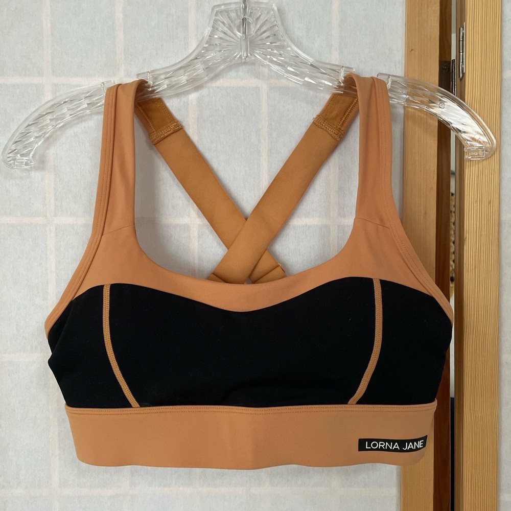Lorna Jane Black and Tan Cross-Back Sports Bra